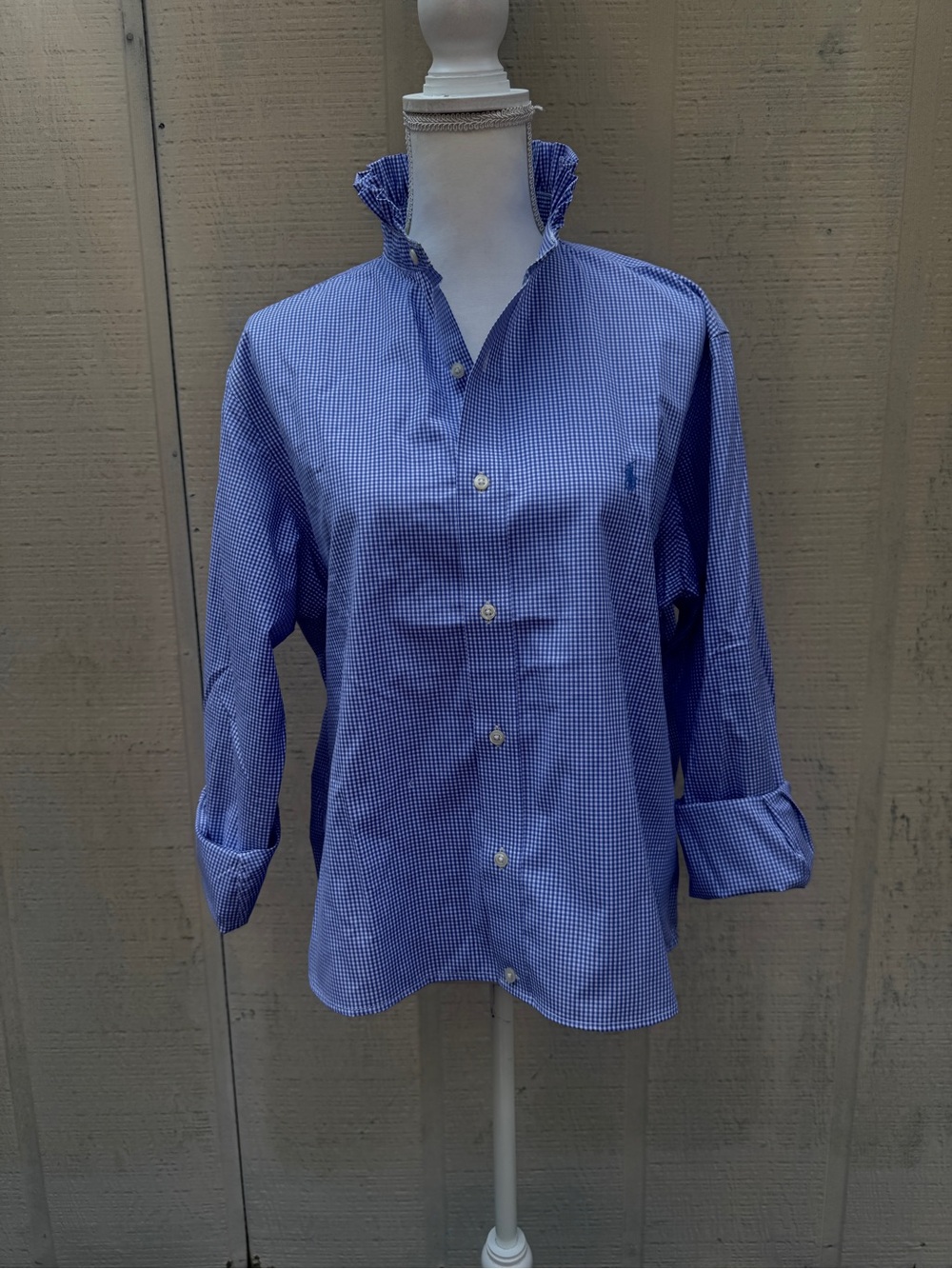 Polo by Ralph Lauren Refashioned Blue Gingham Ruffle Collar Cropped Button-Down